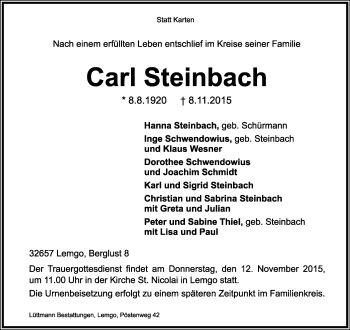Anzeige  Carl Steinbach  Lippische Landes-Zeitung