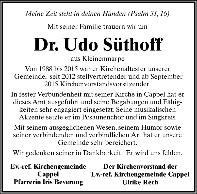  Traueranzeige für Udo Süthoff vom 25.11.2015 aus Lippische Landes-Zeitung