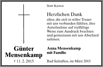 Anzeige  Günter Mensenkamp  Lippische Landes-Zeitung