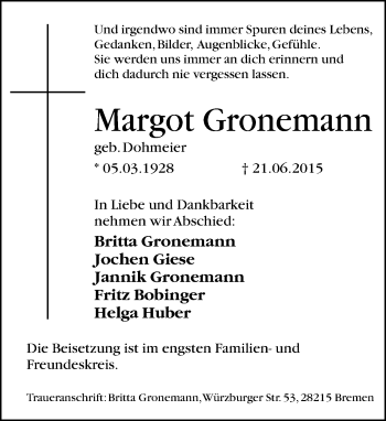 Anzeige  Margot Gronemann  Lippische Landes-Zeitung
