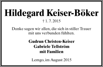 Anzeige  Hildegard Keiser-Böker  Lippische Landes-Zeitung