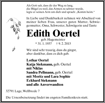 Anzeige  Edith Oertel  Lippische Landes-Zeitung