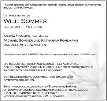 Anzeige  Willi Sommer  Lippische Landes-Zeitung
