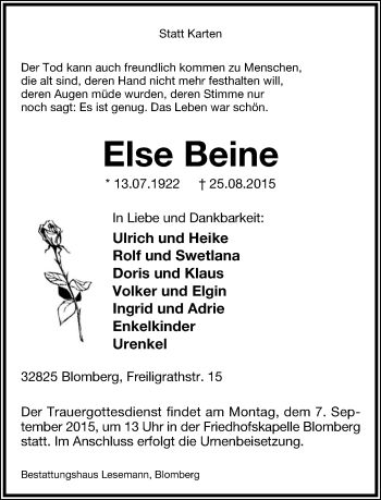 Anzeige  Else Beine  Lippische Landes-Zeitung