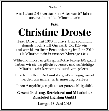 Anzeige  Christine Droste  Lippische Landes-Zeitung