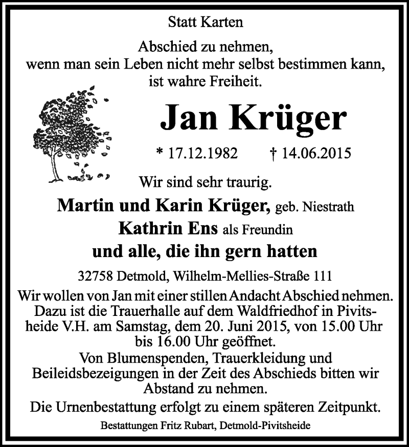  Traueranzeige für Jan Krüger vom 17.06.2015 aus Lippische Landes-Zeitung