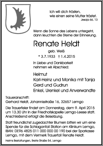 Anzeige  Renate Heldt  Lippische Landes-Zeitung