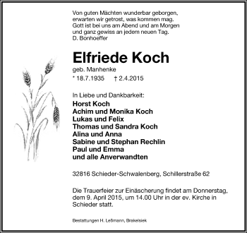 Anzeige  Elfriede Koch  Lippische Landes-Zeitung