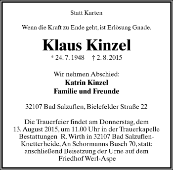 Anzeige  Klaus Kinzel  Lippische Landes-Zeitung