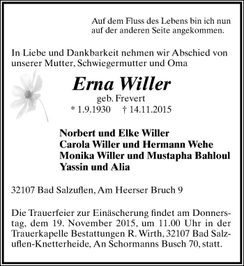 Anzeige  Erna Willer  Lippische Landes-Zeitung
