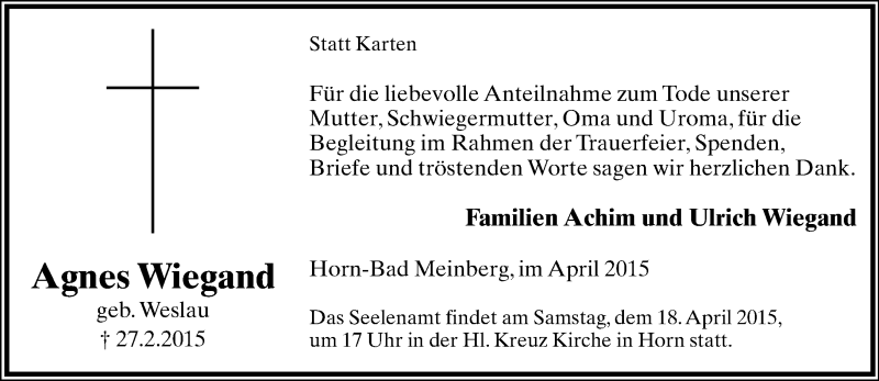  Traueranzeige für Agnes Wiegand vom 11.04.2015 aus Lippische Landes-Zeitung