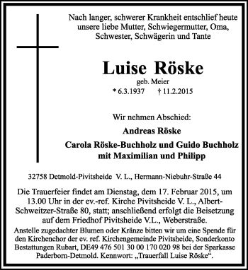 Anzeige  Luise Röske  Lippische Landes-Zeitung