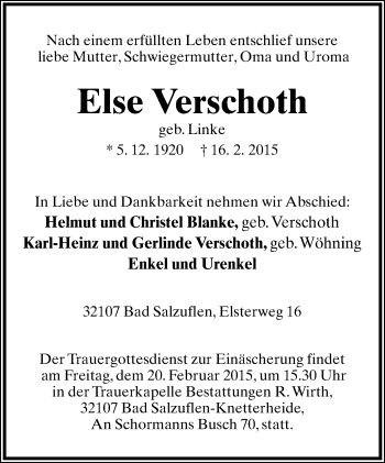 Anzeige  Else Verschoth  Lippische Landes-Zeitung