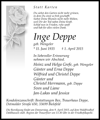 Anzeige  Inge Deppe  Lippische Landes-Zeitung