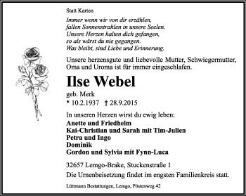 Anzeige  Ilse Webel  Lippische Landes-Zeitung