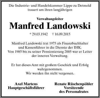 Anzeige  Manfred Landowski  Lippische Landes-Zeitung