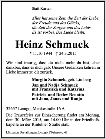 Anzeige  Heinz Schmuck  Lippische Landes-Zeitung