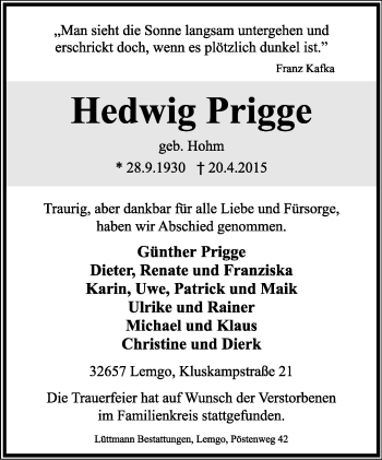 Anzeige  Hedwig Prigge  Lippische Landes-Zeitung