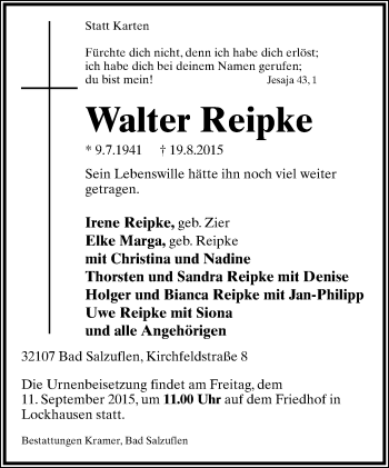 Anzeige  Walter Reipke  Lippische Landes-Zeitung
