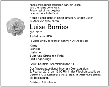 Anzeige  Luise Borries  Lippische Landes-Zeitung