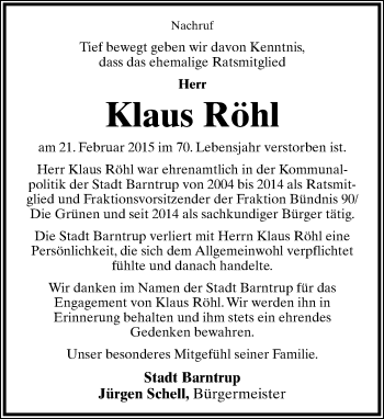 Anzeige  Klaus Röhl  Lippische Landes-Zeitung
