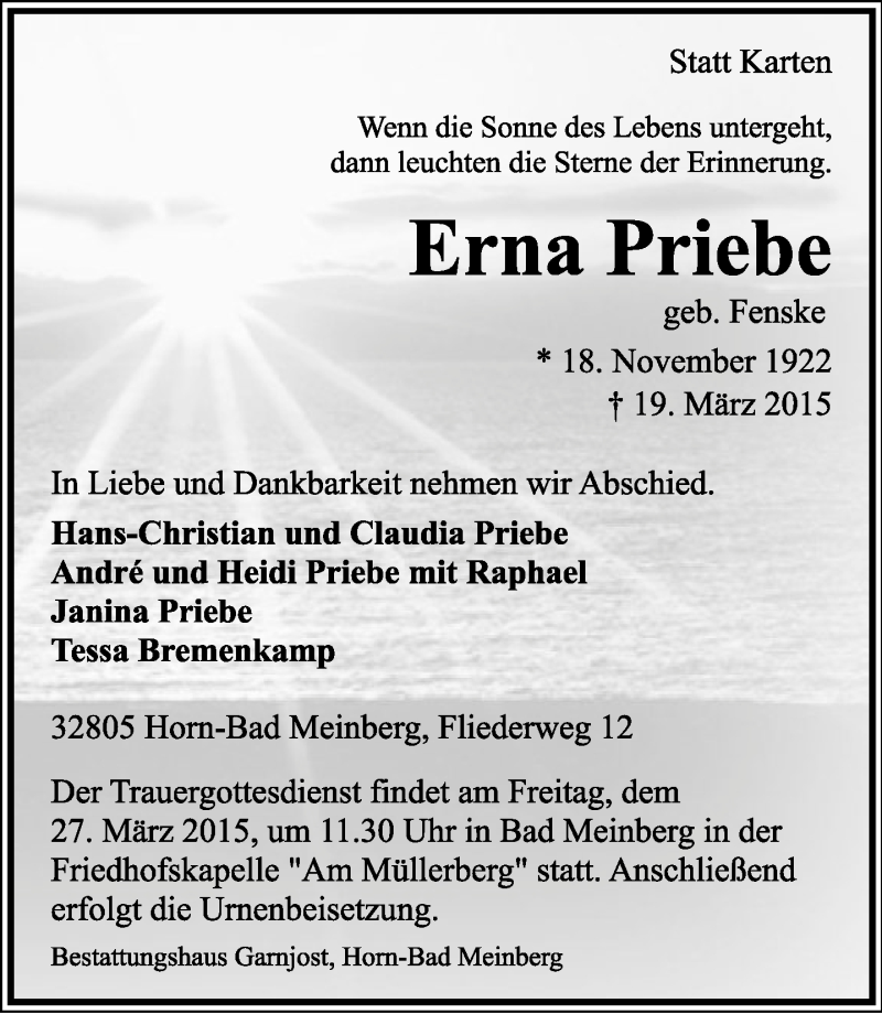  Traueranzeige für Erna Priebe vom 23.03.2015 aus Lippische Landes-Zeitung