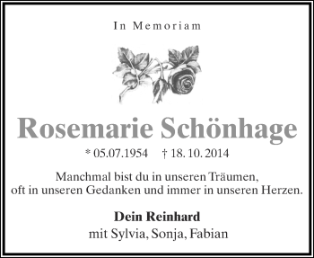 Anzeige  Rosemarie SchÃ¶nhage  Lippische Landes-Zeitung