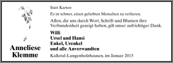 Anzeige  Anneliese Klemme  Lippische Landes-Zeitung