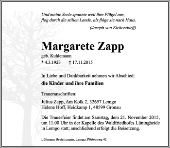 Anzeige  Margarete Zapp  Lippische Landes-Zeitung