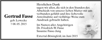 Anzeige  Gertrud Fasse  Lippische Landes-Zeitung