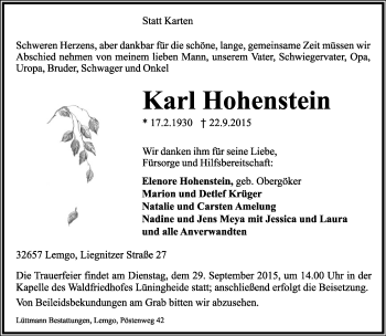 Anzeige  Karl Hohenstein  Lippische Landes-Zeitung