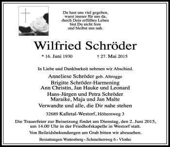Anzeige  Wilfried Schröder  Lippische Landes-Zeitung
