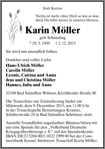 Anzeige  Karin Möller  Lippische Landes-Zeitung