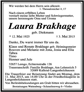 Anzeige  Laura Brakhage  Lippische Landes-Zeitung