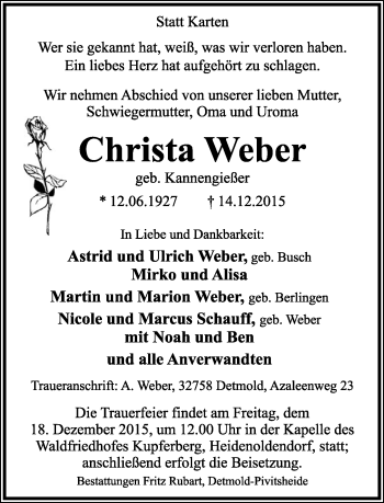 Anzeige  Christa Weber  Lippische Landes-Zeitung