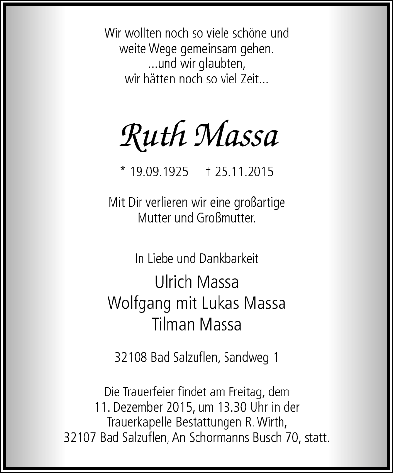  Traueranzeige für Ruth Massa vom 28.11.2015 aus Lippische Landes-Zeitung