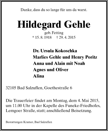Anzeige  Hildegard Gehle  Lippische Landes-Zeitung