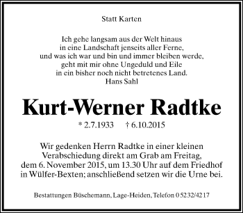 Anzeige  Kurt-Werner Radtke  Lippische Landes-Zeitung