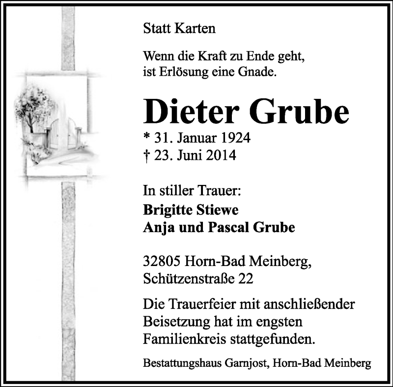  Traueranzeige für Dieter Grube vom 14.03.2015 aus Lippische Landes-Zeitung