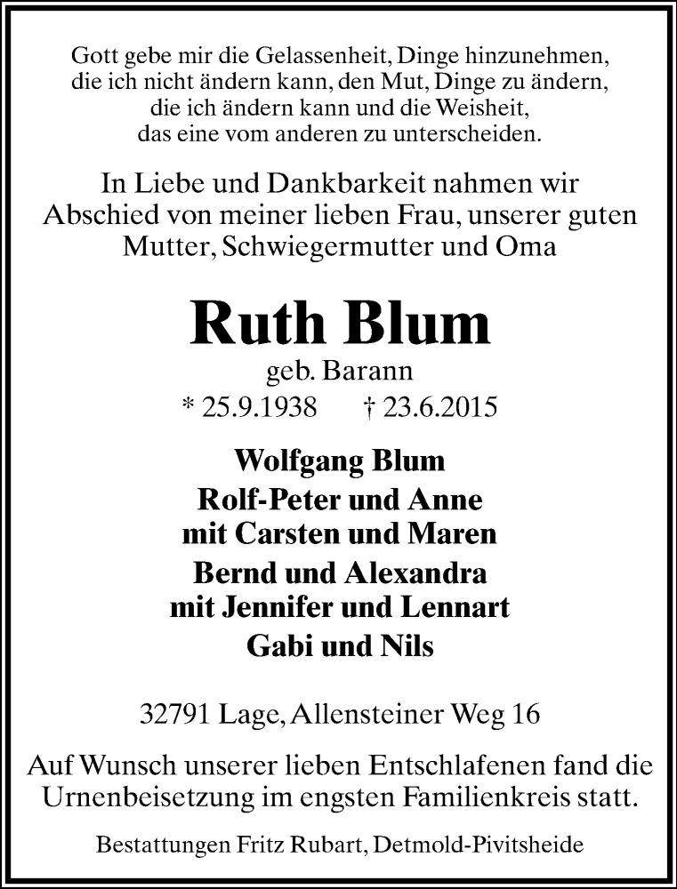  Traueranzeige für Ruth Blum vom 04.07.2015 aus Lippische Landes-Zeitung