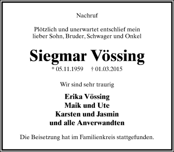 Anzeige  Siegmar Vössing  Lippische Landes-Zeitung