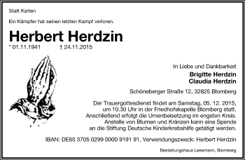 Anzeige  Herbert Herdzin  Lippische Landes-Zeitung