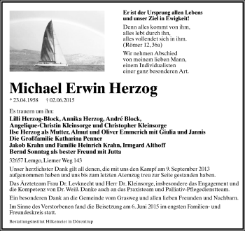 Anzeige  Michael Erwin Herzog  Lippische Landes-Zeitung