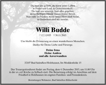 Anzeige  Willi Budde  Lippische Landes-Zeitung