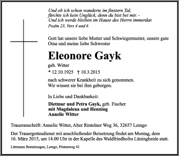 Anzeige  Eleonore Gayk  Lippische Landes-Zeitung