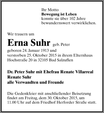 Anzeige  Erna Suhr  Lippische Landes-Zeitung