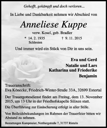 Anzeige  Anneliese Kuppe  Lippische Landes-Zeitung