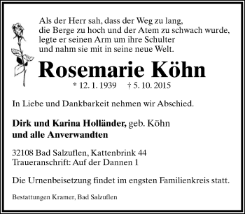 Anzeige  Rosemarie Köhn  Lippische Landes-Zeitung
