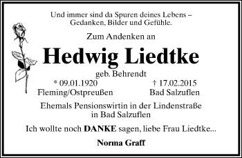 Anzeige  Hedwig Liedtke  Lippische Landes-Zeitung