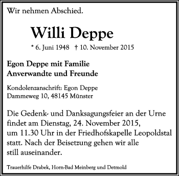 Anzeige  Willi Deppe  Lippische Landes-Zeitung